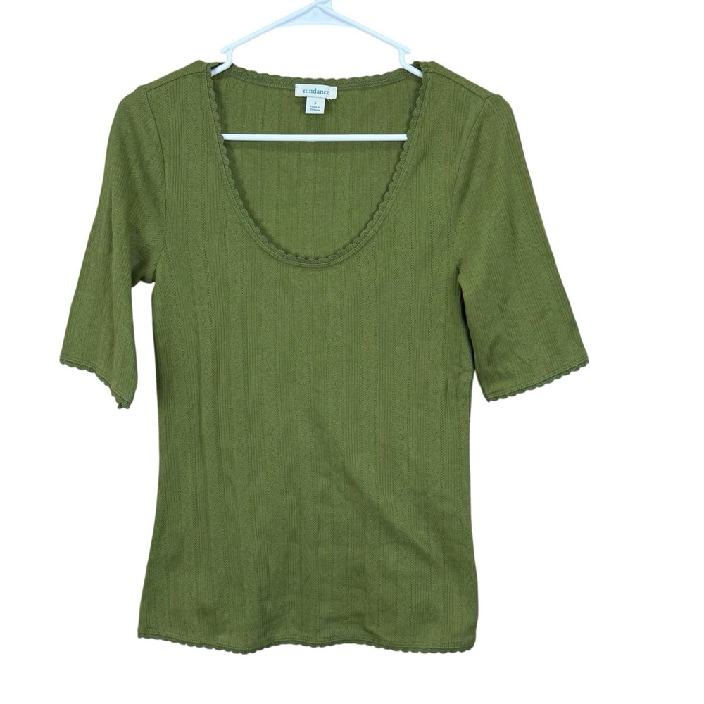 Sundance Top Womens Small Green‎ Ribbed Knit Crewneck 100% Cotton Casual Basic